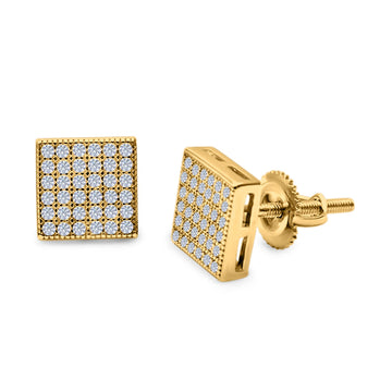 Square Stud Earrings Pave Yellow Tone, Simulated CZ Screw-Back 925 Sterling Silver